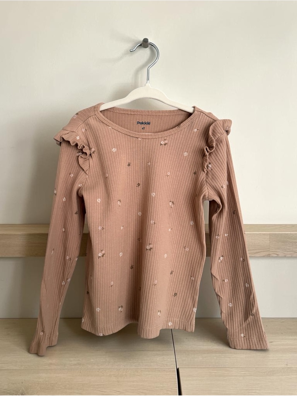 Pékkle Girls' Dusty Rose Ribbed Long-Sleeve Top with Ruffle Detail